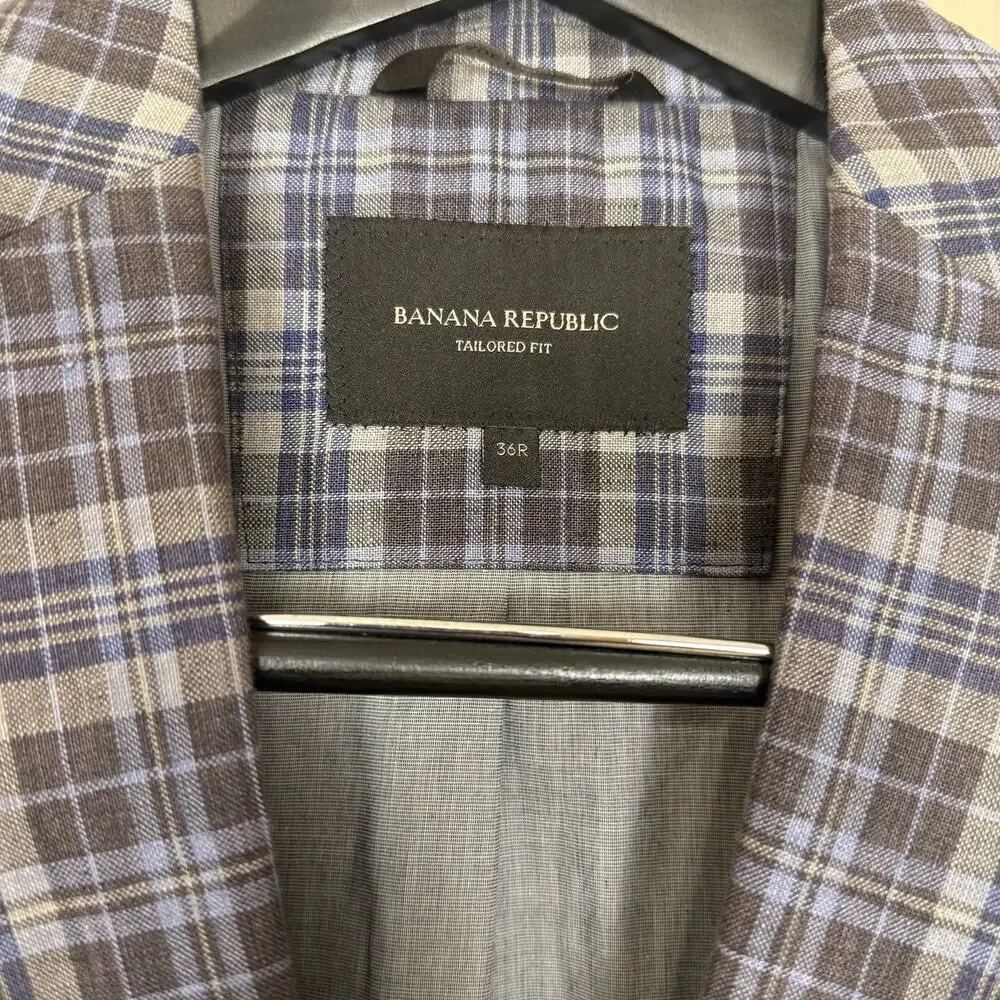 Banana Republic Linen Sport Coat Mens 36R Blue Brown Plaid Single Vented Blazer